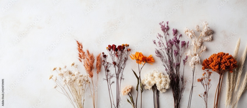Aufkleber dry flowers arrangement on textured background with copy space for text