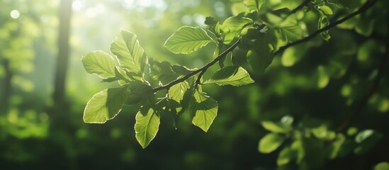 Obraz premium Fresh green leaves on a branch with soft sunlight filtering through trees in a forest setting Copy Space