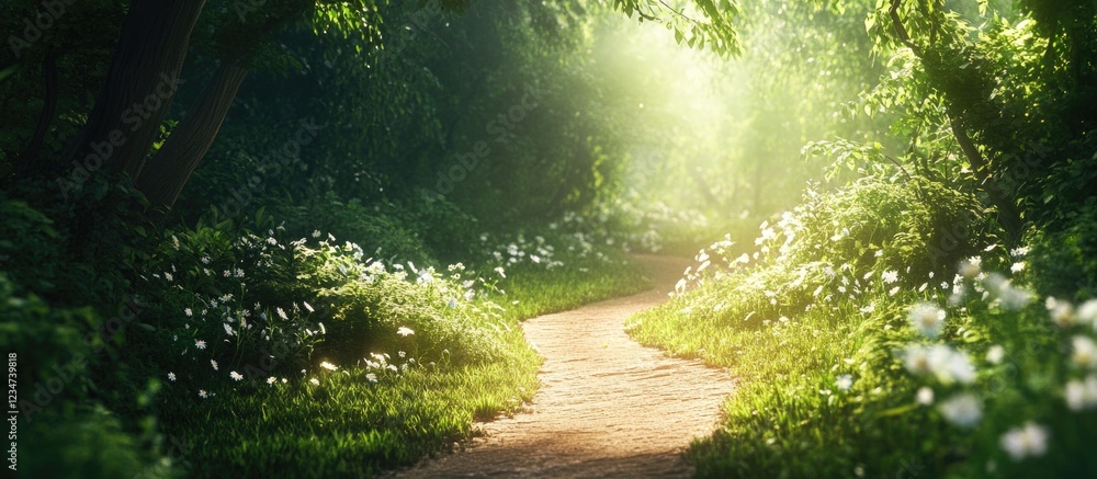 Poster enchanting forest pathway lined with flowers illuminated by sunlight with copy space for text placem