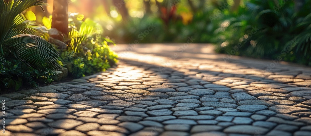 Poster sunlit cobblestone path winding through lush greenery with soft shadows and copy space for text plac