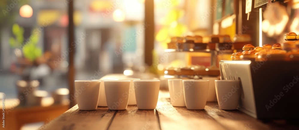 Poster Coffee cups lined up on a wooden counter in a cafÃ© with warm sunlight creating a cozy atmosphere and blurred background elements Copy Space