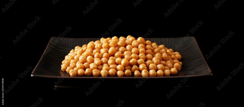 Poster golden chickpeas arranged in a black square dish on a dark background with copy space for text place