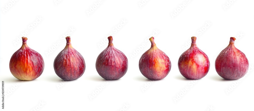 Poster fresh red figs arranged in a line on a white background with copy space for text placement.