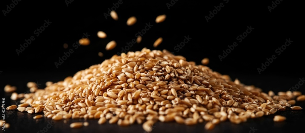 Poster golden sesame seeds piled on a dark background with scattered seeds above, featuring ample copy spac