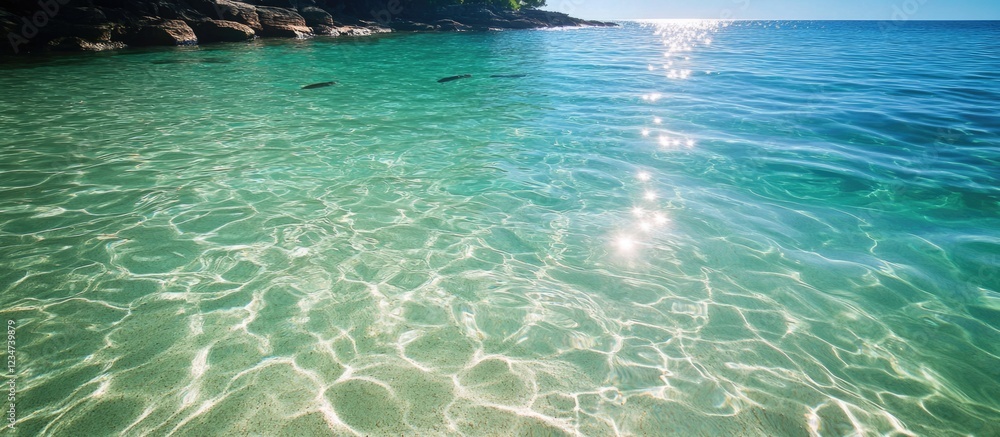 Poster clear turquoise water with sunlight reflections creating patterns on the surface calm ocean scene co