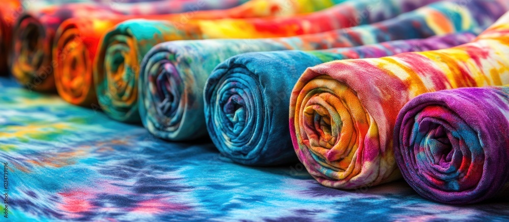 Poster colorful rolled tie-dye fabric displayed horizontally with a blurred background and ample copy space
