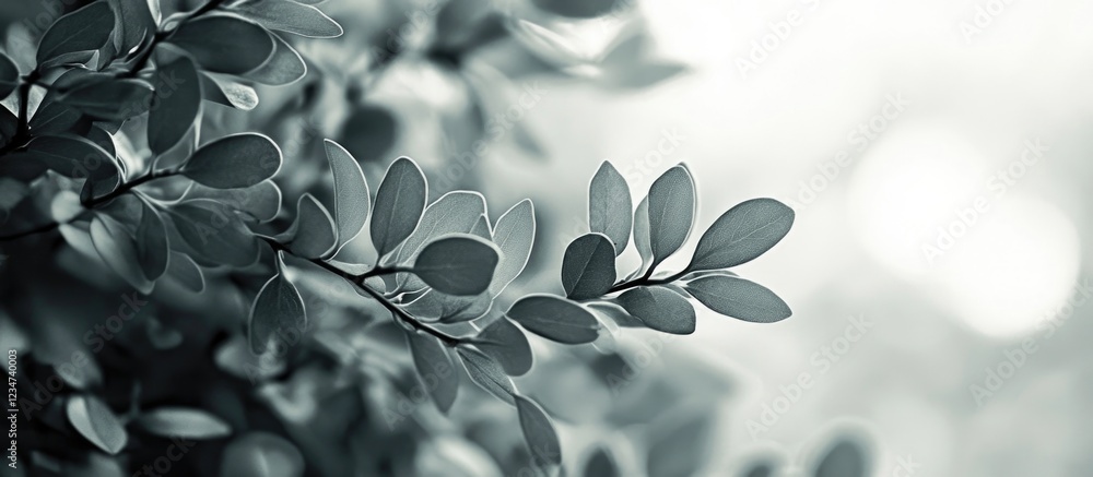 Poster green leaves in soft focus with a blurred background and copy space for text placement