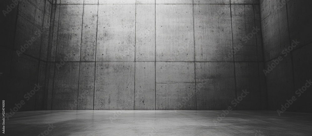 Poster empty concrete room with plain walls in monochrome tones and ample copy space for text placement.