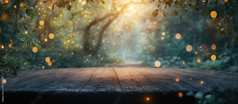 Poster softly lit forest scene with wooden table copy space and floating golden bokeh lights in a natural g