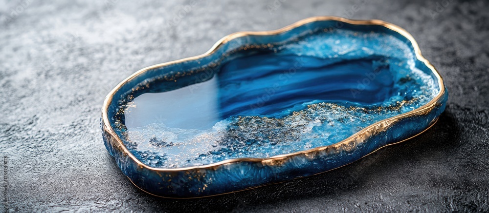 Poster blue agate stone with gold trim on a textured surface with copy space for text