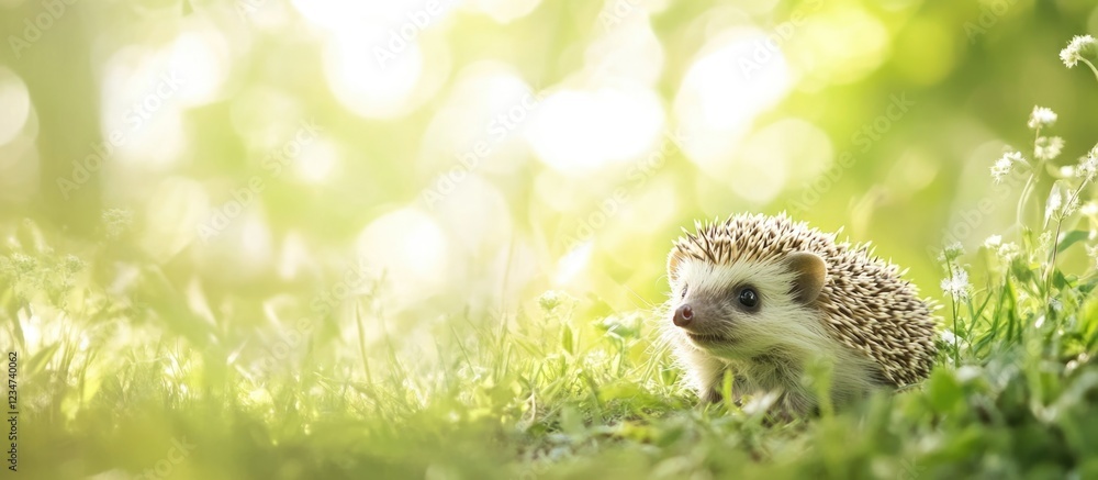 Poster hedgehog in sunlit green grass habitat with natural bokeh background and ample copy space for text p