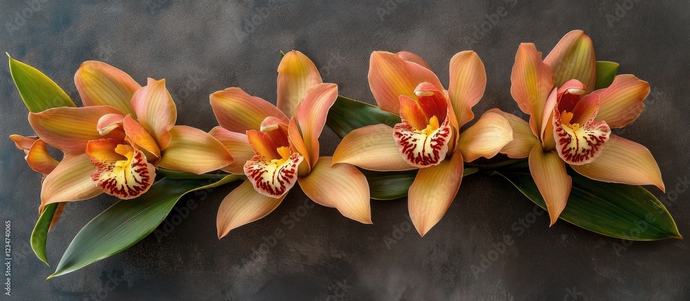 Poster cymbidium orchids arranged in a horizontal line on a dark background with copy space.