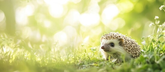 Fototapeta premium Hedgehog in sunlit green grass habitat with natural bokeh background and ample copy space for text placement