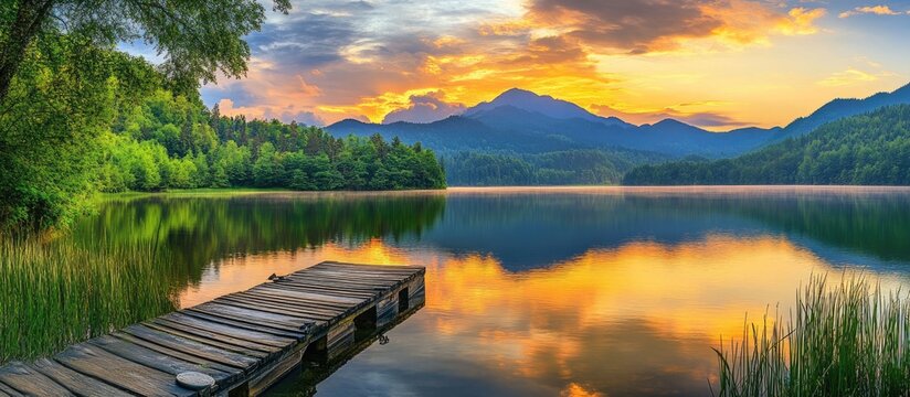 Scenic sunset over tranquil lake with wooden dock and reflective water surrounded by trees and mountains Copy Space