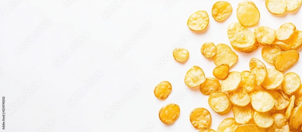 Poster dried yellow corn kernels scattered on white background with copy space for text placement