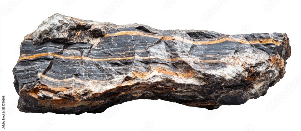 Poster fossilized wood specimen with distinct black and brown striations isolated on white background with 