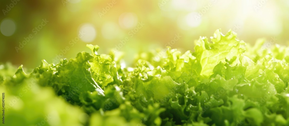 Poster fresh lettuce leaves displayed in a lush green environment with soft sunlight and copy space for tex