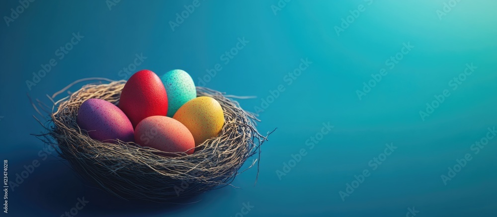 Poster colorful easter eggs in a nest on a blue background with copy space for text placement.