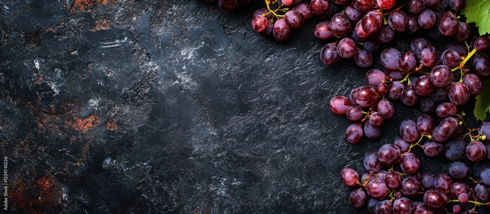 Poster fresh red grapes on a dark textured background with natural copy space for text addition
