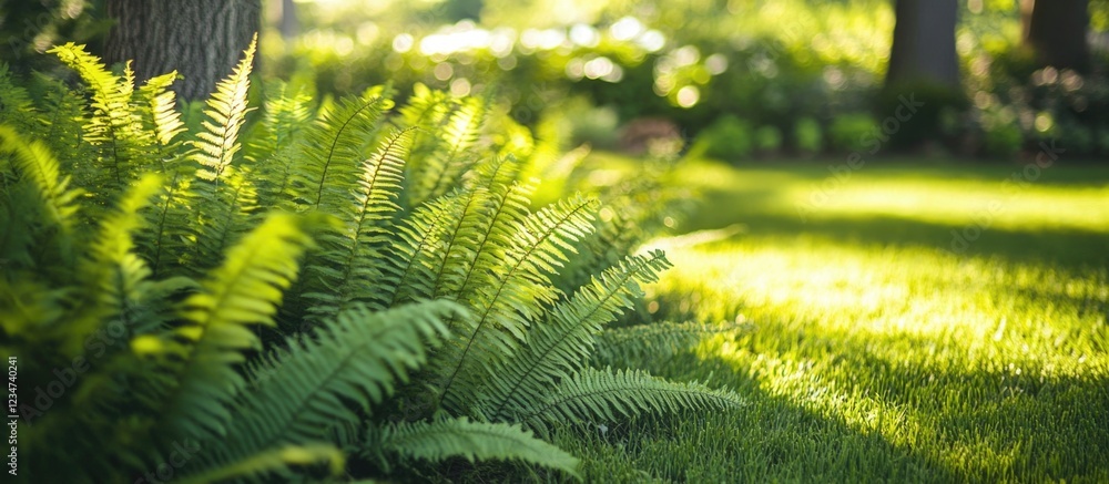 Poster lush green ferns and grass illuminated by sunlight in a tranquil garden setting with soft shadows an
