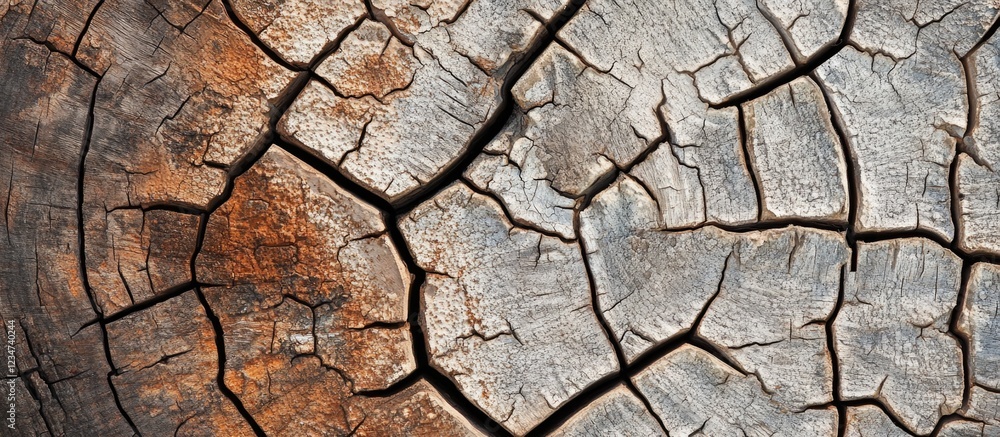 Poster wood texture with cracks and weathered patterns in a close-up view showcasing natural aging and deca