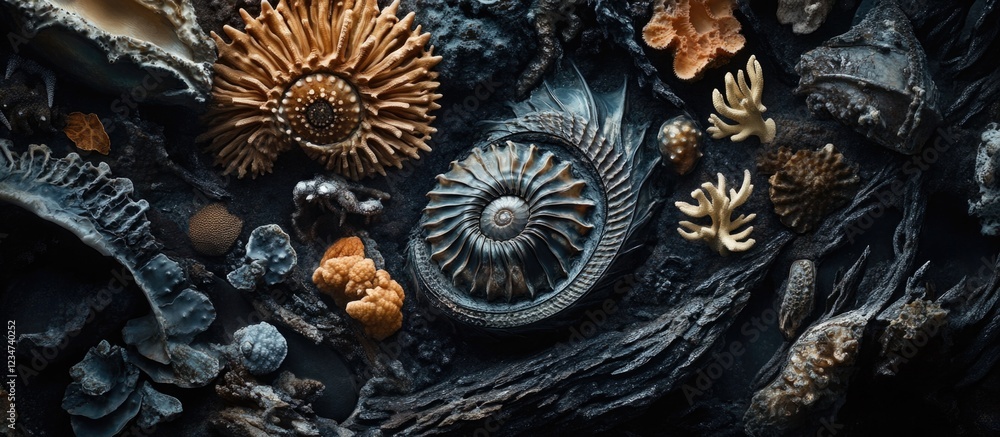 Poster fossilized marine life collection on dark background with copy space for text