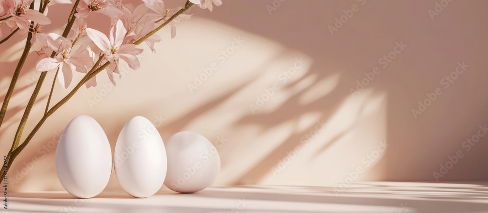 Poster minimalist composition of three white eggs with soft shadows on a pastel background adorned with che