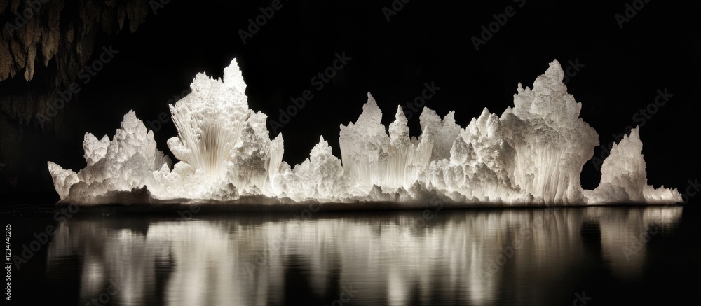 Poster illuminated mineral formations reflecting on surface in dark cavern with visible texture and structu