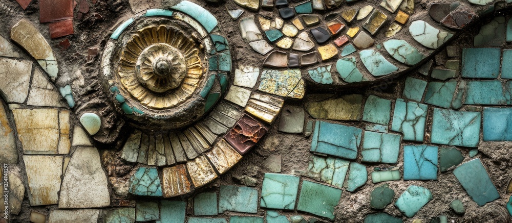 Aufkleber ancient mosaic artwork in shades of blue and gold featuring intricate patterns and textures with cop