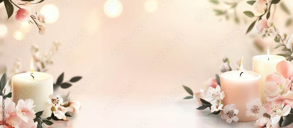 Poster elegant floral arrangement with candles on soft gradient background and ample copy space for text or