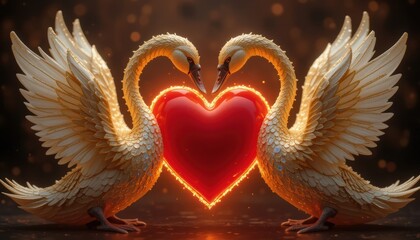 Elegant Golden Swans with Red Heart