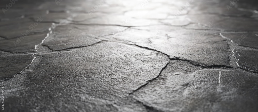 Poster textured stone floor with cracks illuminated by soft light, featuring natural patterns and shadows, 