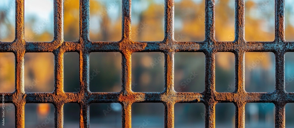 Poster rusty metal grid with blurred natural background and warm sunlight creating bokeh effect, ideal for 
