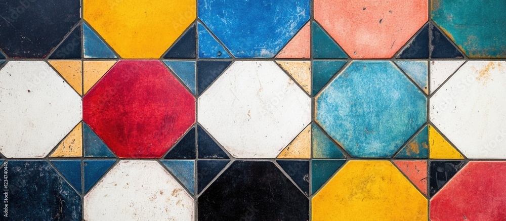 Aufkleber colorful geometric patterns on vintage tiles with various shapes including hexagons and squares agai