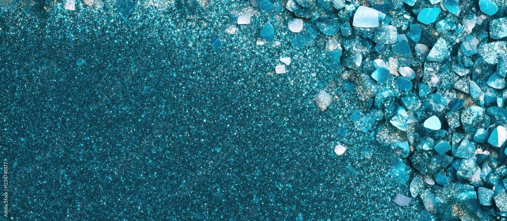 Poster teal and turquoise glitter texture with scattered stones and sparkles on dark background suitable fo