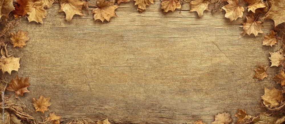 Poster wooden background with autumn leaves framing the edges and ample copy space in the center for text o