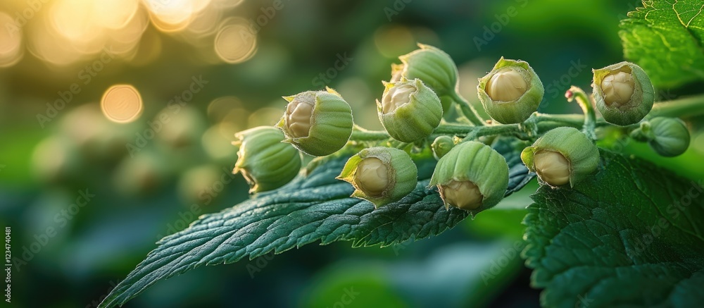 Poster close-up of hazelnut cluster with soft bokeh background and detailed foliage under warm sunlight cop