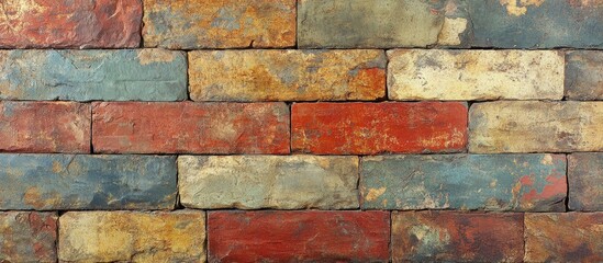 Colorful textured brick wall with various shades of red, blue, and yellow stones arranged in a horizontal pattern with Copy Space.