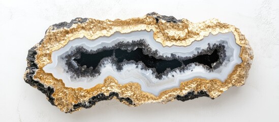 Agate stone slice with black and gray layers and golden edges on white background, Copy Space