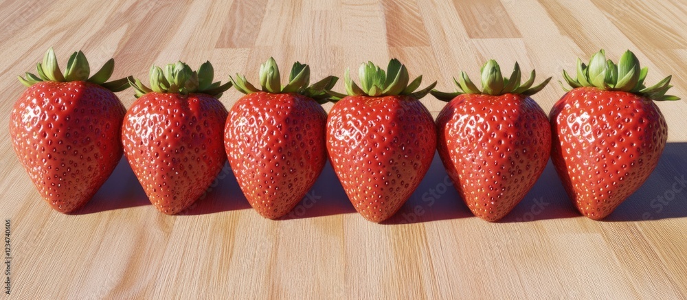 Poster fresh ripe strawberries arranged in a row on a wooden surface with natural light and copy space for 