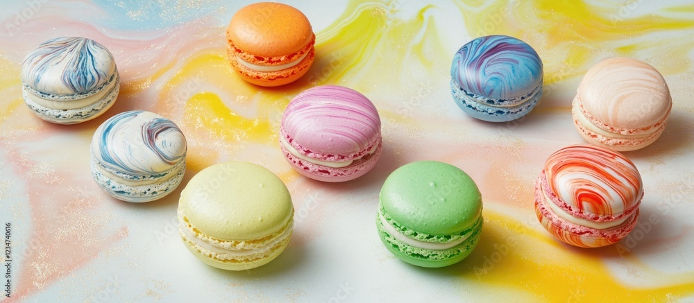 Poster colorful macarons arranged on a vibrant artistic background with copy space for text.