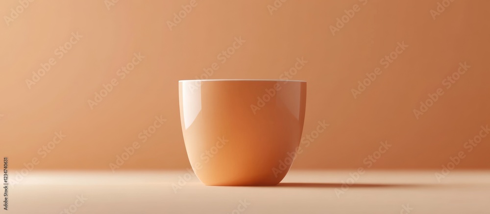 Poster minimalist ceramic cup on a smooth surface with monochromatic warm tone background and ample copy sp