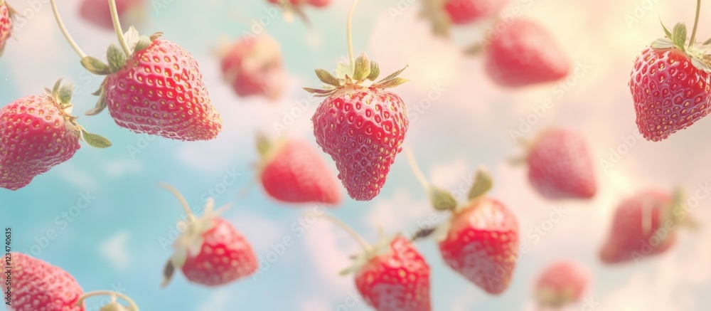 Poster strawberries floating in the air with a soft pastel background and copy space for text placement