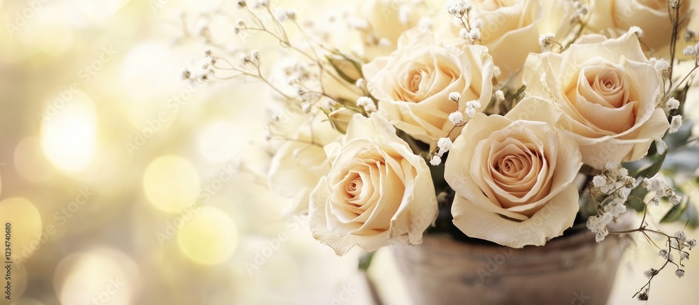 Poster cream roses in a decorative pot with soft bokeh background and copy space for text