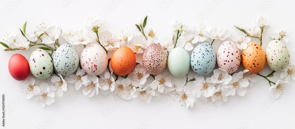 Poster colorful easter eggs arranged on a white background with delicate flowers and ample copy space for t