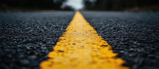 Close-up of yellow road marking on asphalt surface with blurred background and copy space for text