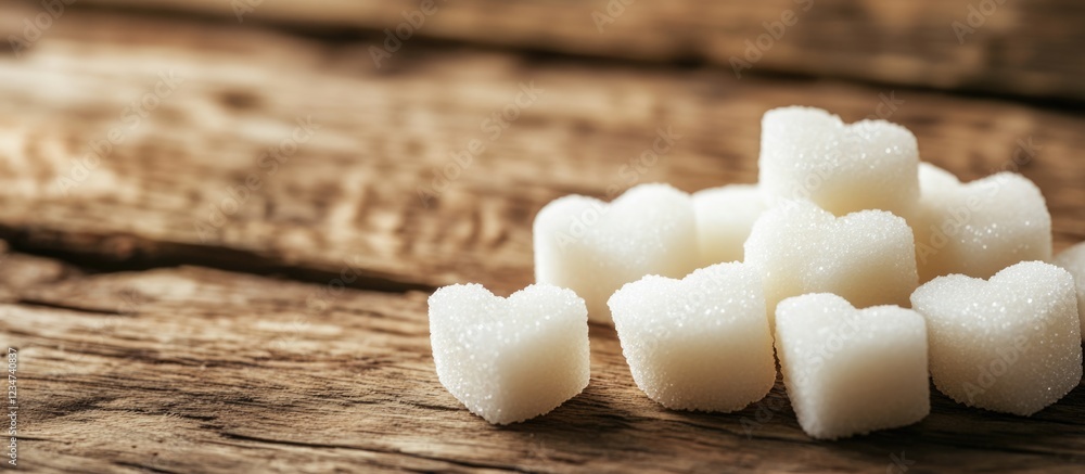 Aufkleber heart-shaped sugar cubes scattered on rustic wooden surface with copy space for text placement.