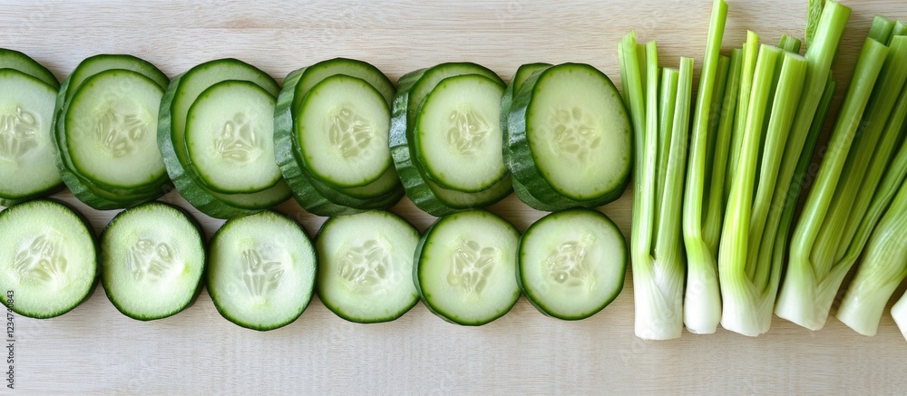 Poster freshly sliced cucumber rounds and chopped green onions arranged on a wooden cutting board with copy