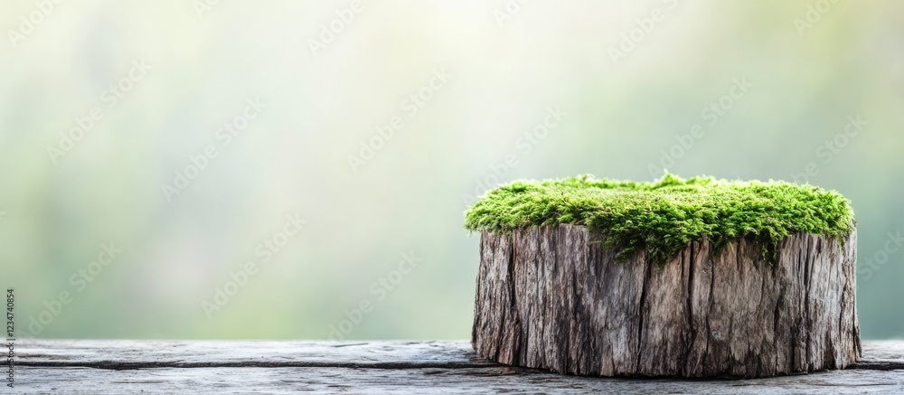 Poster tree stump covered with green moss on wooden surface with blurred nature background and copy space f