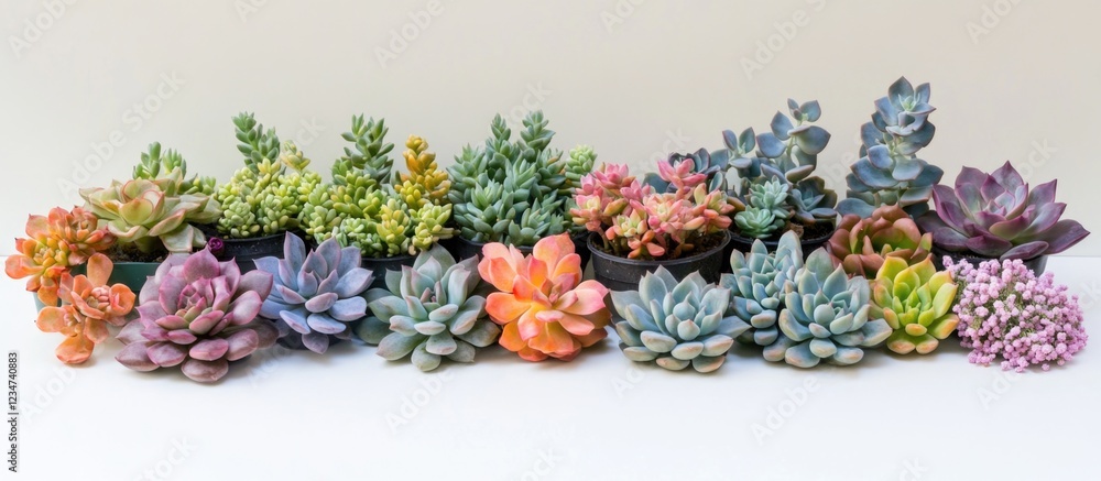 Poster colorful variety of succulent plants in pots arranged in a row with copy space for text on a light b